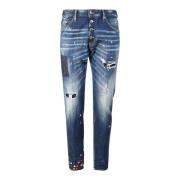 Blå Jeans med Ripped Detaljer og Blomster Patch