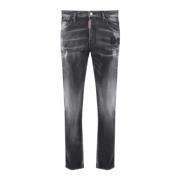 Sorte Slim-fit Jeans med Moderne Ødelagte Detaljer